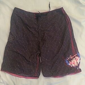 Quicksilver men's swim trunks sz34 black/neon pink w/ side pocket